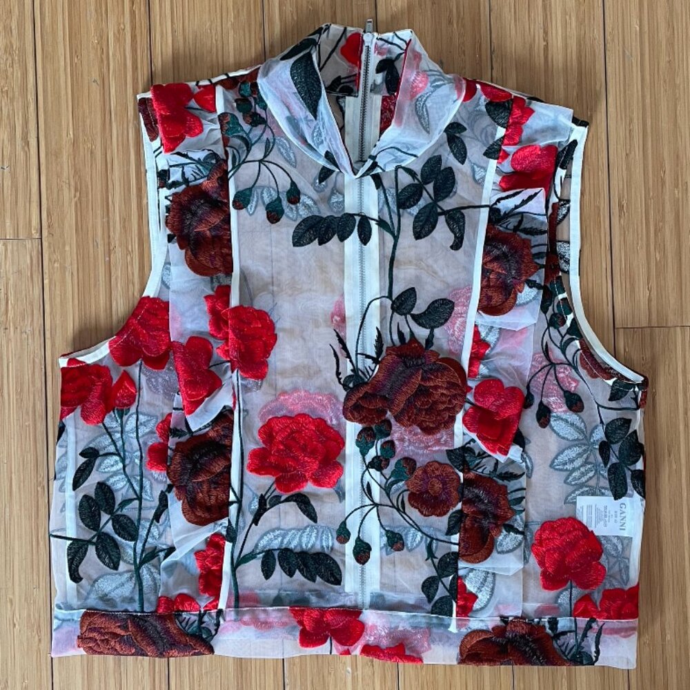 GANNI Monroe Embroidered Tulle Top